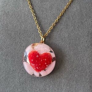 Artisan Galentine’s Day Pink Red Heart Fused Glass Pendant Gold Necklace